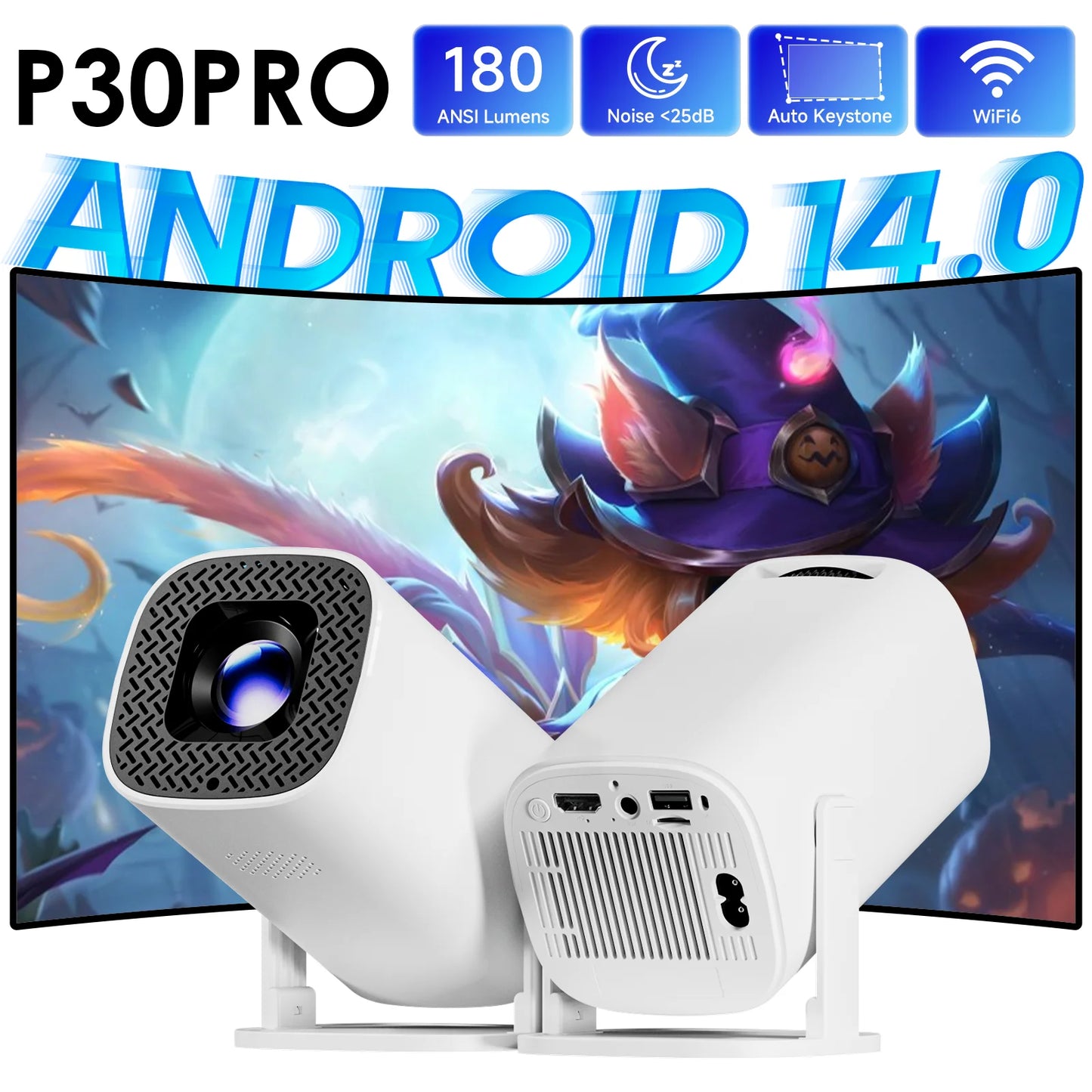 P30 PRO Mini Projector — Android 14, WiFi 6, 180 ANSI Lumens Home Cinema